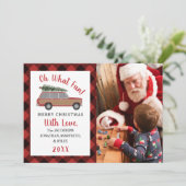 Oh Wat Een Pret Houten Kar Plaid Kerst Foto Feestdagenkaart (Staand voorkant)