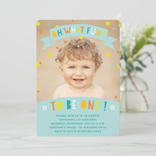 Oh wat een vun Confetti First Birthday Party nodig Kaart (Staand voorkant)
