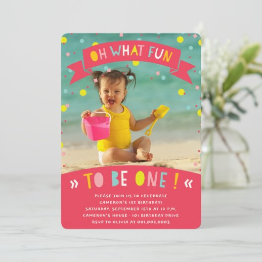 Oh wat een vun Confetti First Birthday Party nodig Kaart (Staand voorkant)