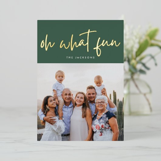 Oh wat Fun GOLD heeft gekleed | Groen | Kerstfoto Folie Feestdagenkaart (Staand Voorkant)