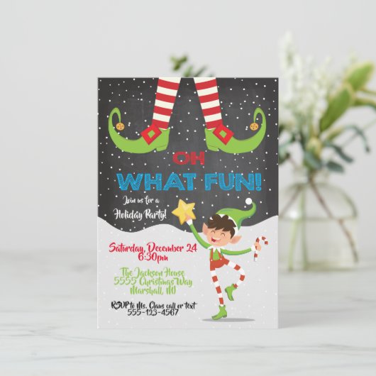 Oh wat Fun Holiday Kerstfeest Elf uitnodiging (Staand voorkant)