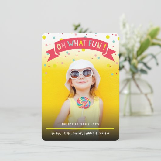 Oh Wat Leuk Banner Kleurrijke Confetti Stippen Fot Feestdagenkaart (Staand voorkant)