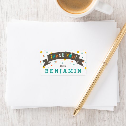 Oh, wat leuk, kleurrijke Confetti Boy Dank je wel  Etiket (Insitu)