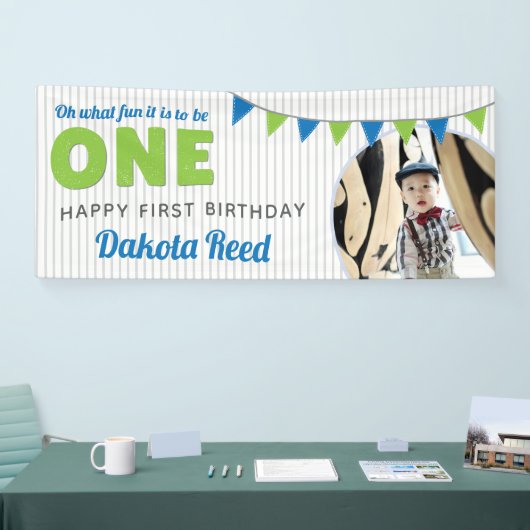 Oh wat leuk om een blauwe groene eerste verjaardag spandoek (Beurs)