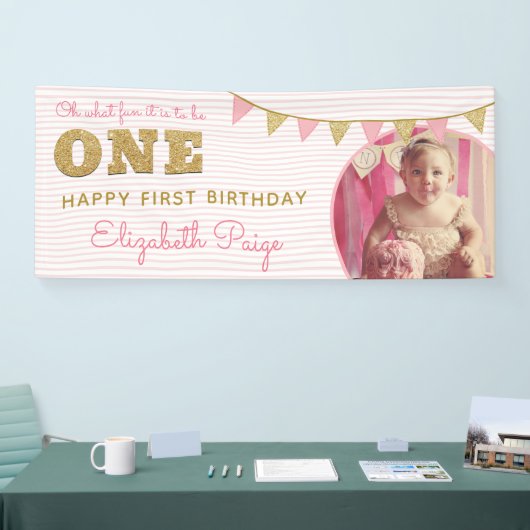 Oh, wat leuk om een roze en gouden eerste verjaard spandoek (Beurs)