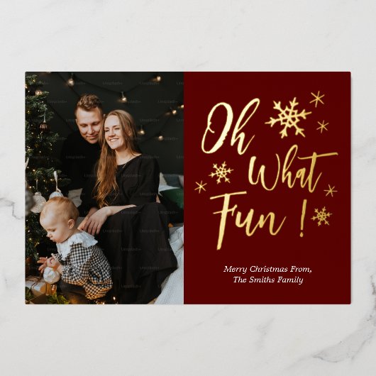 Oh wat leuk rood goud kalligrafie sneeuwvlokken fo folie feestdagenkaart (Voorkant)