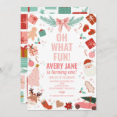 Oh wat leuk roze kerst winter 1e verjaardag kaart (Voorkant / Achterkant)