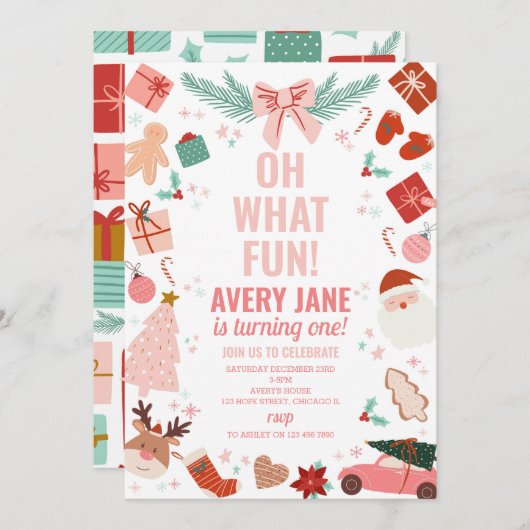 Oh wat leuk roze kerst winter 1e verjaardag kaart (Voorkant / Achterkant)