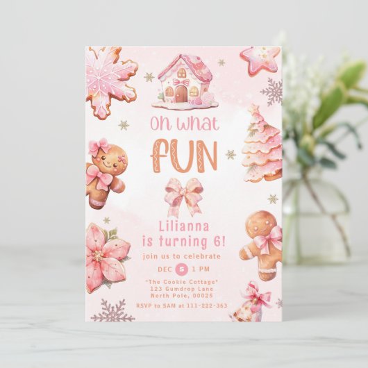 Oh wat leuk roze kerstmeisje verjaardagsfeestje kaart (Staand voorkant)