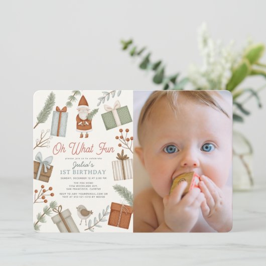 Oh Wat leuk Santa Holiday Meisje 1e Verjaardag Fot Kaart (Staand voorkant)