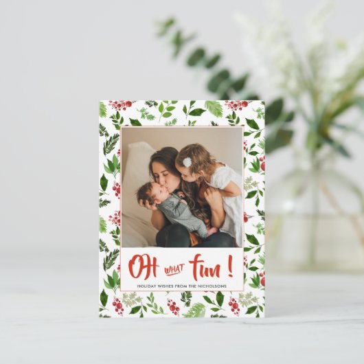 Oh wat leuk script | Hulstblaadjes bes foto Feestdagenkaart (Staand voorkant)