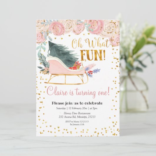 Oh Wat Leuk Sleigh Girl Eerste verjaardag uitnodig Kaart (Staand voorkant)
