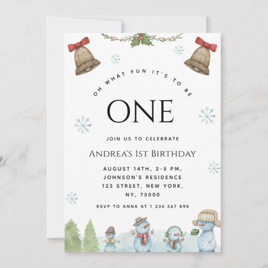 Oh wat leuk sneeuwman kerst 1e verjaardagsfeest kaart (Voorkant)