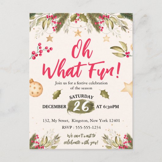 Oh wat leuk! waterverf en natuur kerstfeest uitnodiging briefkaart (Voorkant)