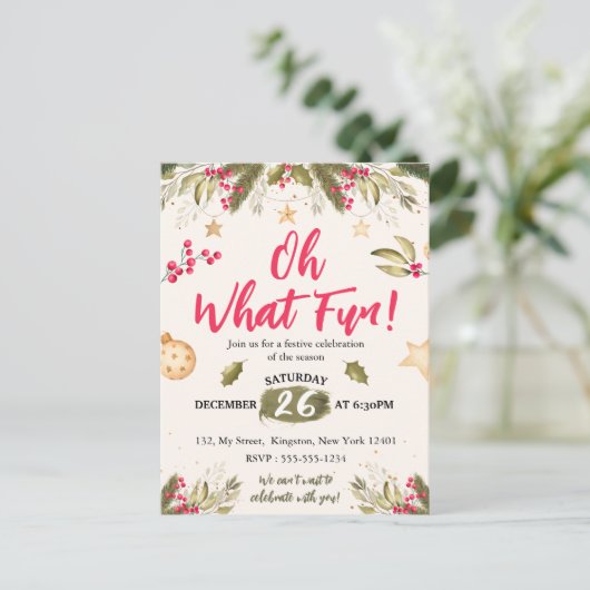 Oh wat leuk! waterverf en natuur kerstfeest uitnodiging briefkaart (Staand voorkant)