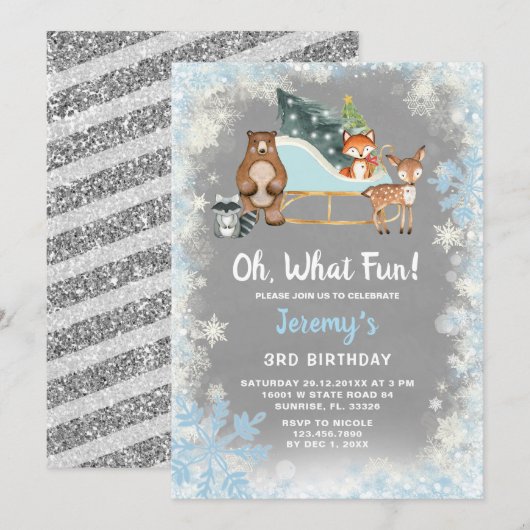 Oh wat leuk Woodland Animal Snowflakes Sleigh Kaart (Voorkant / Achterkant)