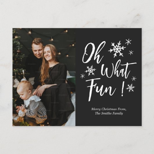 Oh wat leuk zwart kalligrafie sneeuwvlokken foto feestdagenkaart (Voorkant)