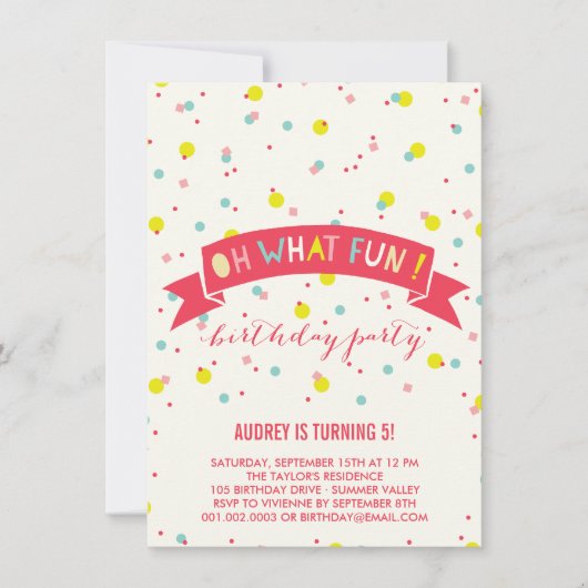 Oh wat vun Confetti kinderen Birthday party uitnod Kaart (Voorkant)