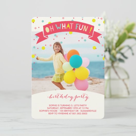 Oh wat vun Confetti kinderen Birthday party uitnod Kaart (Staand voorkant)