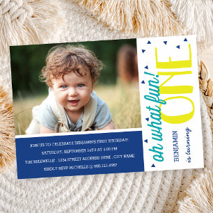 Oh welke vun 1st Birthday Foto Party Invite / Blue Kaart