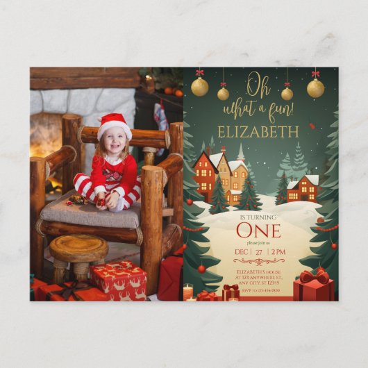 Oh What Fun 1st Birthday Photo Christmas Briefkaart (Voorkant)
