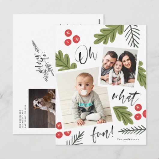 Oh What Fun Berry Snapshot Multi-Photo Feestdagenkaart (Voorkant / Achterkant)