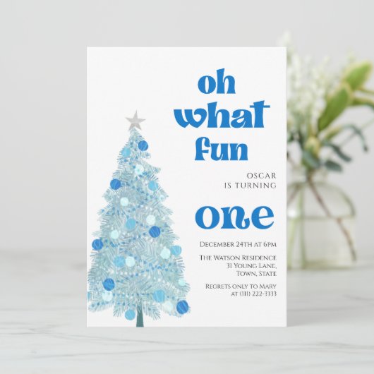 Oh what fun Blue tree christmas Boy birthday  Kaart (Staand voorkant)