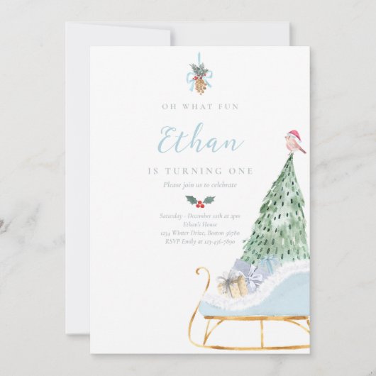 Oh What Fun Boy Winter Sleigh 1st Birthday Party Kaart (Voorkant)