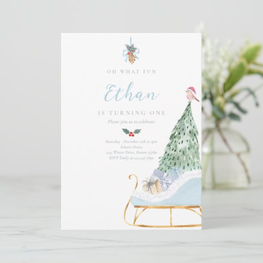 Oh What Fun Boy Winter Sleigh 1st Birthday Party Kaart (Staand voorkant)