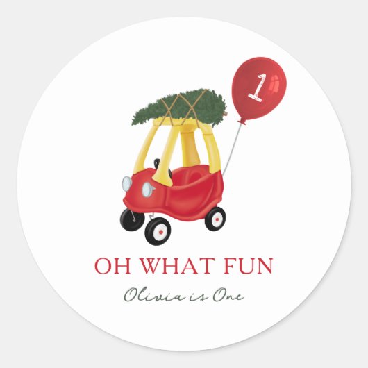 Oh What Fun Christmas Car 1st Birthday Party Ronde Sticker (Voorkant)