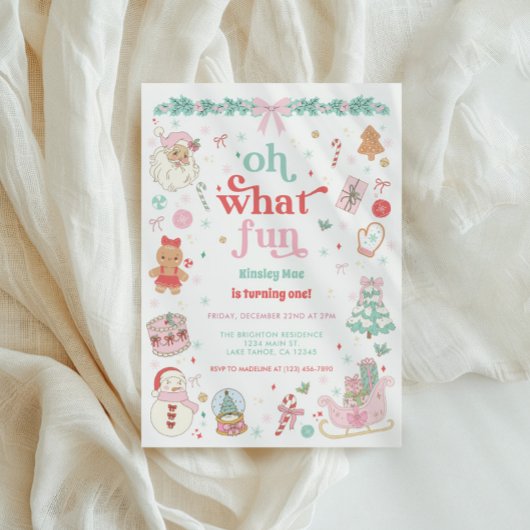 Oh What Fun Christmas First Birthday Invitation Kaart