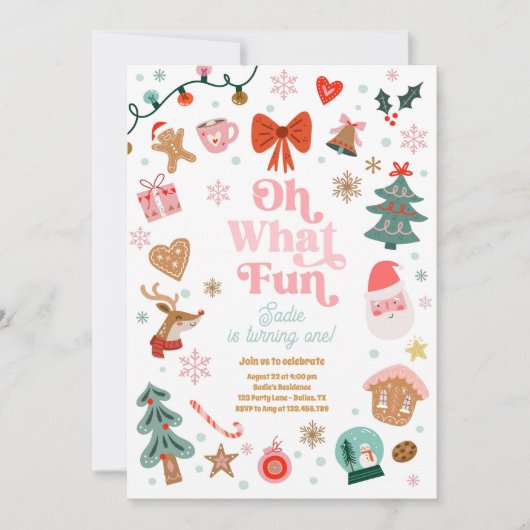 Oh What Fun Christmas Party Girl 1st Birthday  Kaart (Voorkant)