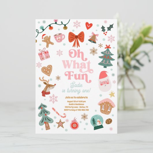 Oh What Fun Christmas Party Girl 1st Birthday  Kaart (Staand voorkant)