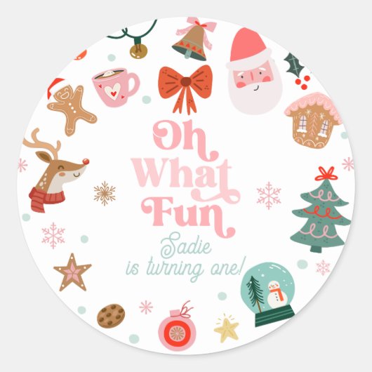 Oh What Fun Christmas Party Girl 1st Birthday  Ronde Sticker (Voorkant)