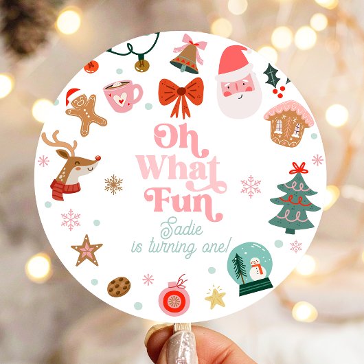 Oh What Fun Christmas Party Girl 1st Birthday  Ronde Sticker