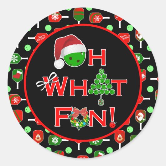 Oh What Fun Christmas Pickleball Paddles Black Ronde Sticker (Voorkant)