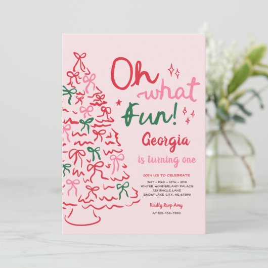 Oh What Fun Coquette Bow Christmas Tree Birthday Kaart (Staand voorkant)