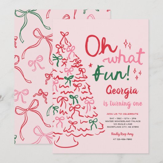 Oh What Fun Coquette Bow Christmas Tree Birthday Kaart (Voorkant / Achterkant)