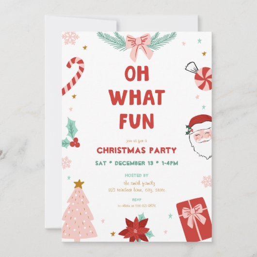 Oh What Fun Cute Kids Christmas Party Invitations Kaart (Voorkant)