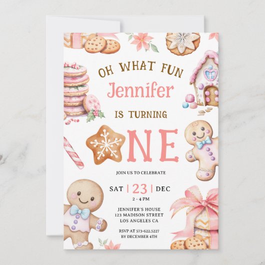 Oh What Fun | Gingerbread 1st Birthday Girl Kaart (Voorkant)