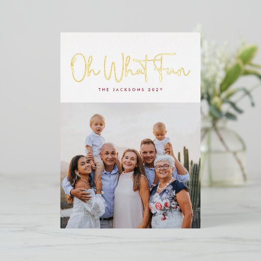 Oh What Fun GOLD Past Kerstwitte foto Folie Feestdagenkaart (Staand Voorkant)