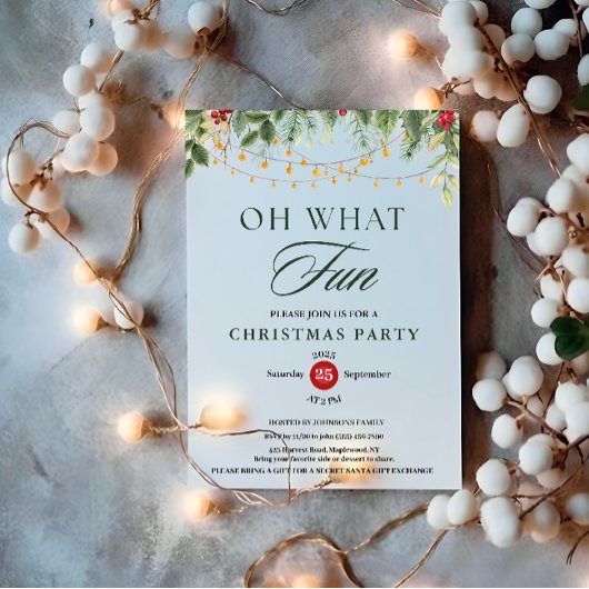 Oh What Fun Greenery String Light Christmas Party Kaart