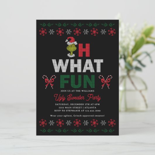 Oh What Fun Grinch Ugly Sweater Holiday Party Feestdagenkaart (Staand voorkant)