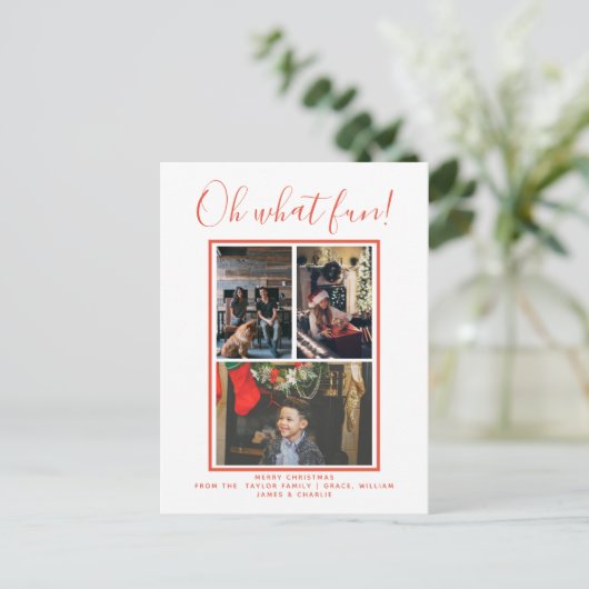 Oh What Fun Kerstfeestay Foto gepersonaliseerd Briefkaart (Staand voorkant)