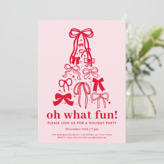 Oh What Fun Modern Pink Red Holiday Party Kaart (Staand voorkant)