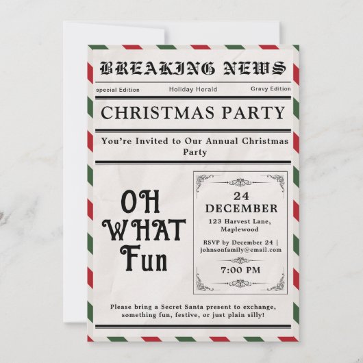 Oh What Fun Newspaper Christmas Party Kaart (Voorkant)