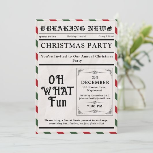 Oh What Fun Newspaper Christmas Party Kaart (Staand voorkant)