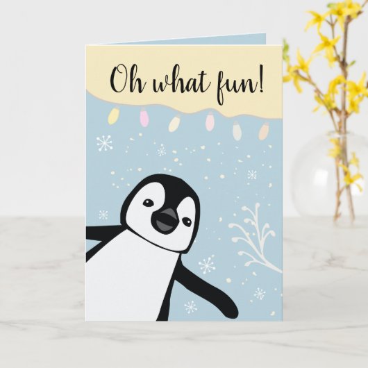 Oh What Fun | Pinguïn | Kerstfeest voor het gezin  Kaart (Gele Bloem)