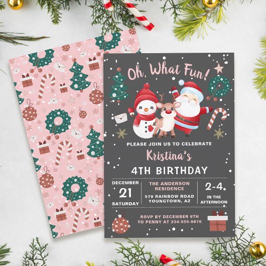 Oh What Fun Pink Black Kerstfeest Party Kaart