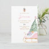 Oh What Fun Pink & Gold Winter Sleigh Birthday Kaart (Staand voorkant)